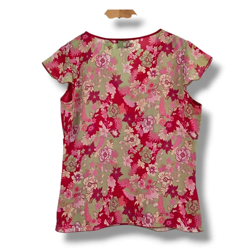 Jennifer Lauren‎ Womens Floral V-Neck Faux Wrap Top Pink Sage Green Size Large